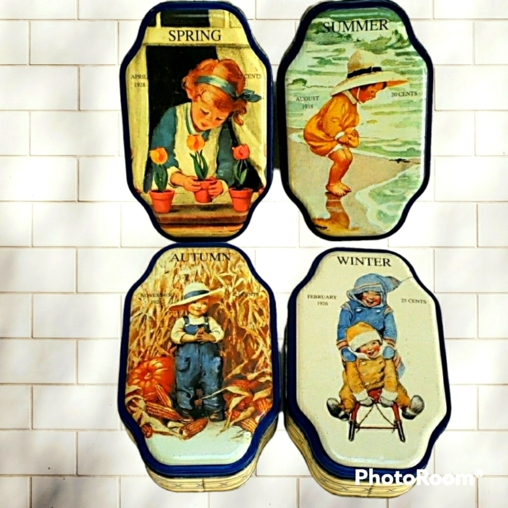 Vintage Good Housekeeping Set 4 Seasons Metal Tins Spring Summer Autumn Winter